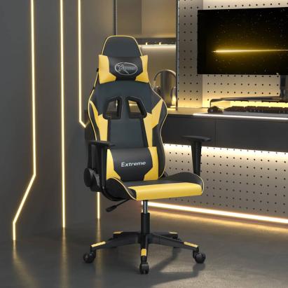 Scaun de gaming de masaj, negru și auriu, piele ecologică GartenMobel Dekor