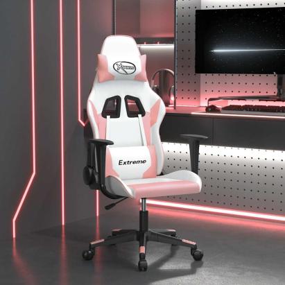 Scaun de gaming de masaj, alb și roz, piele ecologică GartenMobel Dekor