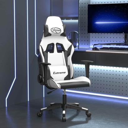 Scaun de gaming de masaj, alb și negru, piele ecologică GartenMobel Dekor