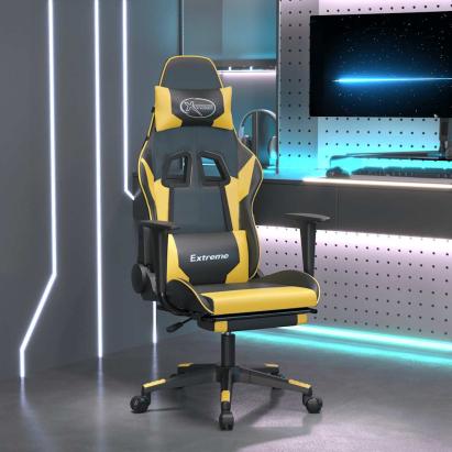 Scaun de gaming cu masaj/suport picioare negru/auriu piele eco GartenMobel Dekor