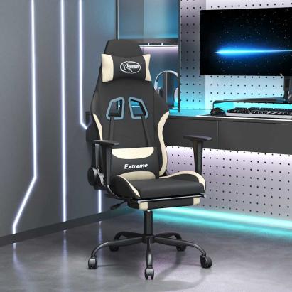 Scaun de gaming cu masaj/suport picioare, negru și crem, textil GartenMobel Dekor