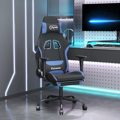 Scaun de gaming cu masaj/suport picioare, negru/albastru textil GartenMobel Dekor