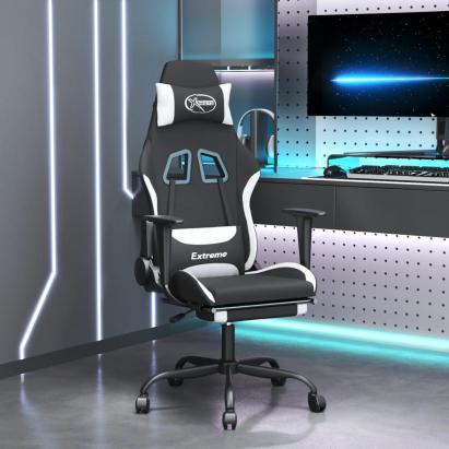 Scaun de gaming cu masaj/suport picioare, negru și alb, textil GartenMobel Dekor