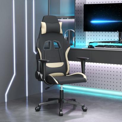 Scaun de gaming cu masaj, negru și crem, material textil GartenMobel Dekor