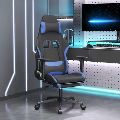 Scaun de gaming cu masaj/suport picioare, negru/albastru textil GartenMobel Dekor
