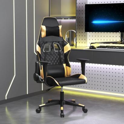 Scaun de gaming de masaj, negru și auriu, piele ecologică GartenMobel Dekor