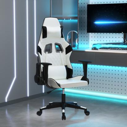 Scaun de gaming de masaj, alb și negru, piele ecologică GartenMobel Dekor