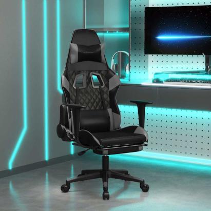 Scaun de gaming cu masaj/suport picioare, negru/gri, piele eco GartenMobel Dekor