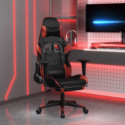 Scaun de gaming masaj/suport picioare negru/roșu vin piele eco GartenMobel Dekor