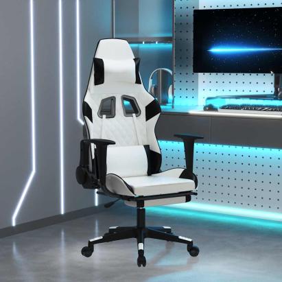 Scaun de gaming masaj/suport picioare alb/negru piele eco GartenMobel Dekor