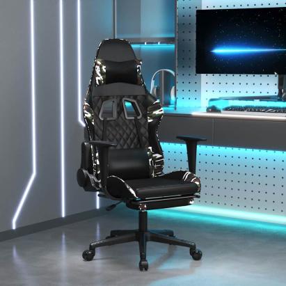 Scaun de gaming masaj/suport picioare negru/Camuflaj piele eco GartenMobel Dekor
