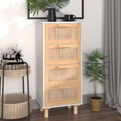 Servantă, alb, 40x30x90 cm, lemn masiv pin și ratan natural GartenMobel Dekor