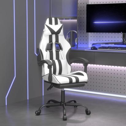 Scaun de gaming pivotant cu suport picioare alb&negru piele eco GartenMobel Dekor