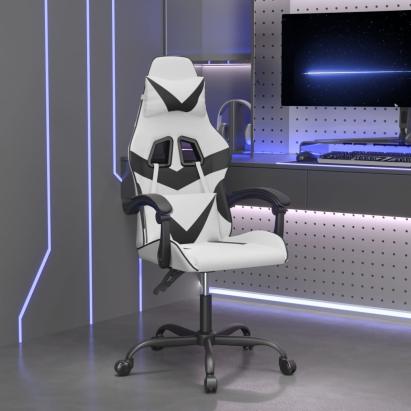 Scaun de gaming pivotant, alb și negru, piele ecologică GartenMobel Dekor
