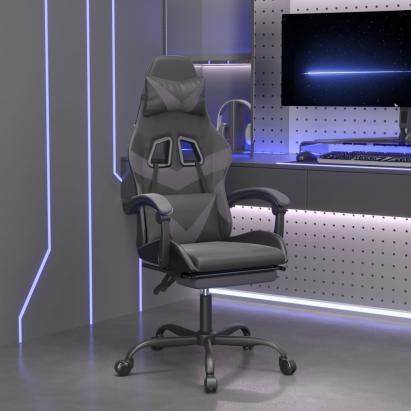 Scaun de gaming pivotant/suport picioare negru/gri piele eco GartenMobel Dekor