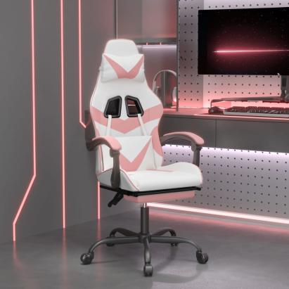 Scaun de gaming pivotant cu suport picioare alb&roz piele eco GartenMobel Dekor