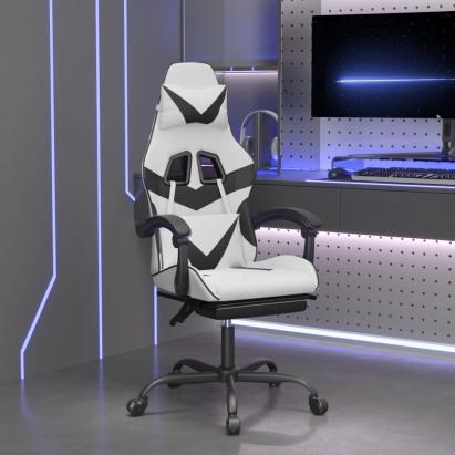Scaun de gaming pivotant cu suport picioare alb&negru piele eco GartenMobel Dekor