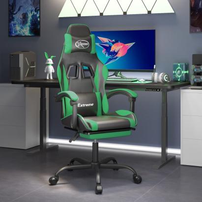 Scaun de gaming pivotant/suport picioare negru/verde piele eco GartenMobel Dekor