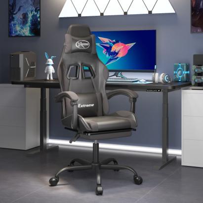 Scaun de gaming pivotant/suport picioare negru/gri piele eco GartenMobel Dekor