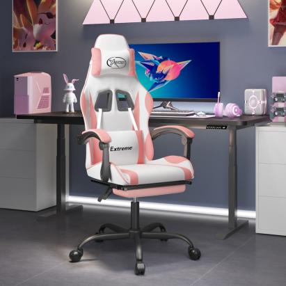 Scaun de gaming pivotant cu suport picioare, alb&roz, piele eco GartenMobel Dekor