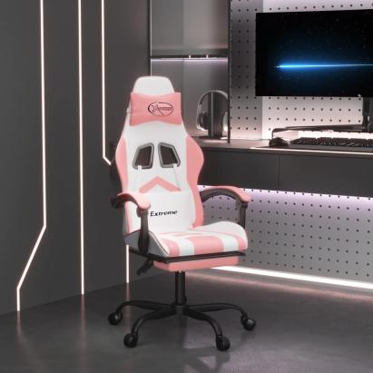 Scaun de gaming pivotant cu suport picioare, alb&roz, piele eco GartenMobel Dekor