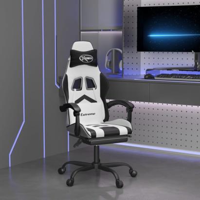 Scaun de gaming pivotant cu suport picioare alb&negru piele eco GartenMobel Dekor
