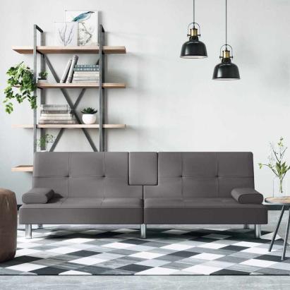 Canapea extensibilă cu suporturi pahare, gri, piele ecologică GartenMobel Dekor