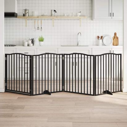 Poartă câini pliabilă cu ușă 4 panouri negru, 320 cm, lemn plop GartenMobel Dekor