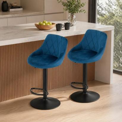 Set 2 scaune de bucatarie/bar, Artool, Kast, rotativ, catifea bleumarin, picior metal negru, 45.5x49x85-105 cm GartenVIP DiyLine