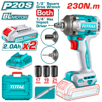 Masina de insurubat cu impact 2 in 1 TOTAL 20V brushless, 230Nm, cu 2 acumulatori