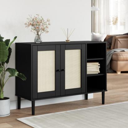 Servantă SENJA, aspect ratan negru, 112x40x80cm, lemn masiv pin GartenMobel Dekor