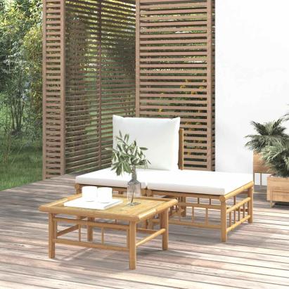 Set mobilier de grădină, cu perne alb crem, 3 piese, bambus GartenMobel Dekor