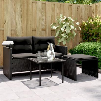 Set mobilier de grădină cu perne, 3 piese, negru, poliratan GartenMobel Dekor