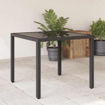 Masă grădină cu blat din sticlă, negru, 90x90x75 cm, poliratan GartenMobel Dekor