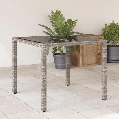 Masă de grădină cu blat din sticlă, gri, 90x90x75 cm, poliratan GartenMobel Dekor