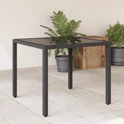 Masă grădină cu blat din sticlă, negru, 90x90x75 cm, poliratan GartenMobel Dekor