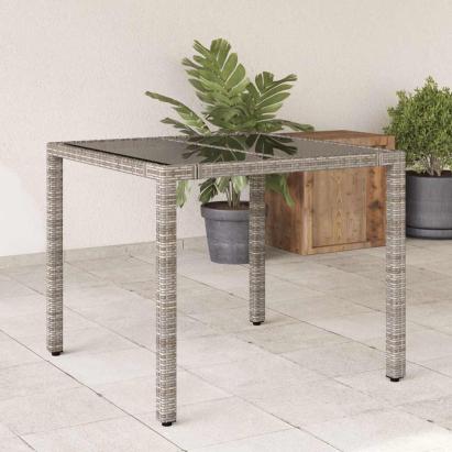 Masă de grădină cu blat din sticlă, gri, 90x90x75 cm, poliratan GartenMobel Dekor