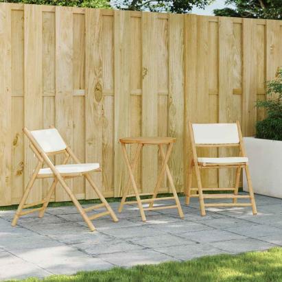 Set de bistro pliabil, 3 piese, cu perne alb crem, bambus GartenMobel Dekor