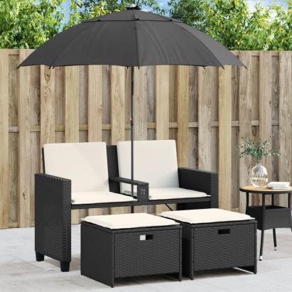 Canapea de grădină cu 2 locuri/umbrelă/taburete negru poliratan GartenMobel Dekor