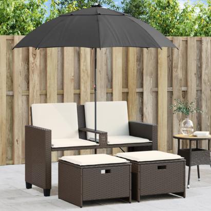 Canapea de grădină cu 2 locuri/umbrelă/taburete maro poliratan GartenMobel Dekor