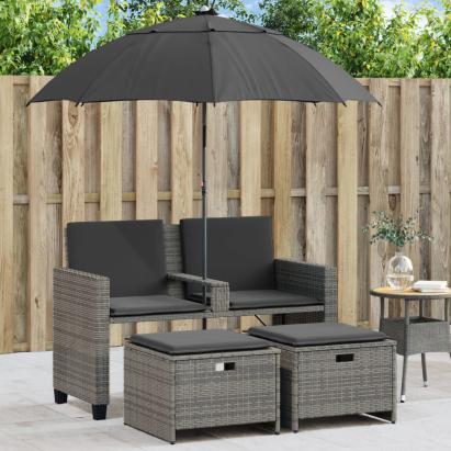 Canapea de grădină cu 2 locuri/umbrelă/taburete, gri, poliratan GartenMobel Dekor