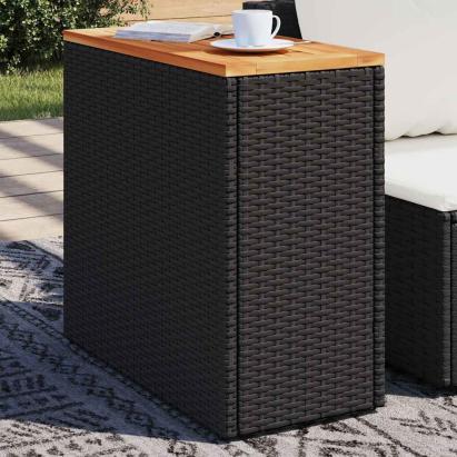 Masă laterală de grădină cu blat din lemn, neagră, 58x27,5x55 cm, poliratan GartenMobel Dekor