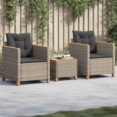 Set bistro cu perne, 3 piese, gri, poliratan și lemn acacia GartenMobel Dekor