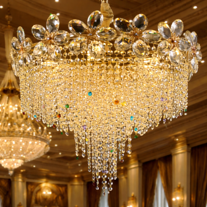 Candelabru Cristal BLOSSOM Magno,8xE14, 60cm, Auriu Lucios, Inaltime Reglabila, Metal si Cristal