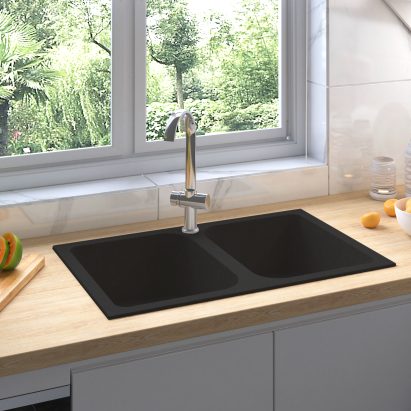 Chiuvetă de bucătărie Negru 76 x 48 x 30 cm Quartz și rășină GartenMobel Dekor
