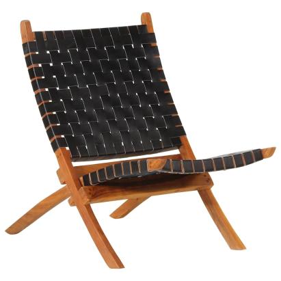 Scaun relaxant pliant, negru, piele naturală GartenMobel Dekor