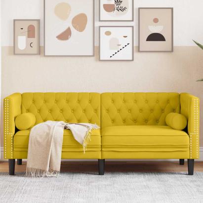 Canapea Chesterfield cu pernuțe/2 locuri, galben, catifea GartenMobel Dekor