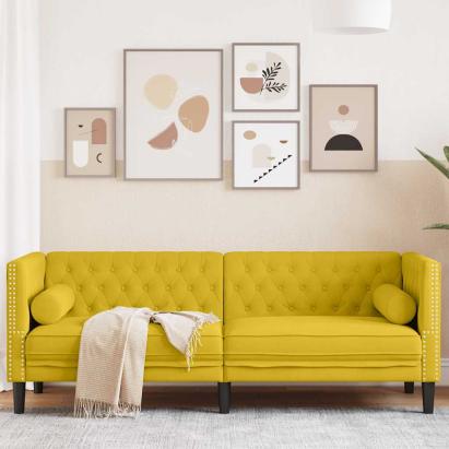 Canapea Chesterfield cu pernuțe/3 locuri, galben, catifea GartenMobel Dekor