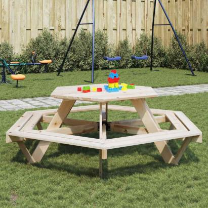 Masă de picnic pentru 6 copii cu bănci lemn masiv brad, hexagon GartenMobel Dekor