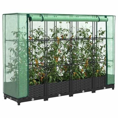 Pat de flori înălțat cu prelată de seră, aspect ratan, 160x40x123 cm GartenMobel Dekor